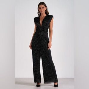 Elan Women’s Black Glitter speckled jumpsuit with plunge neckline size Small NWT